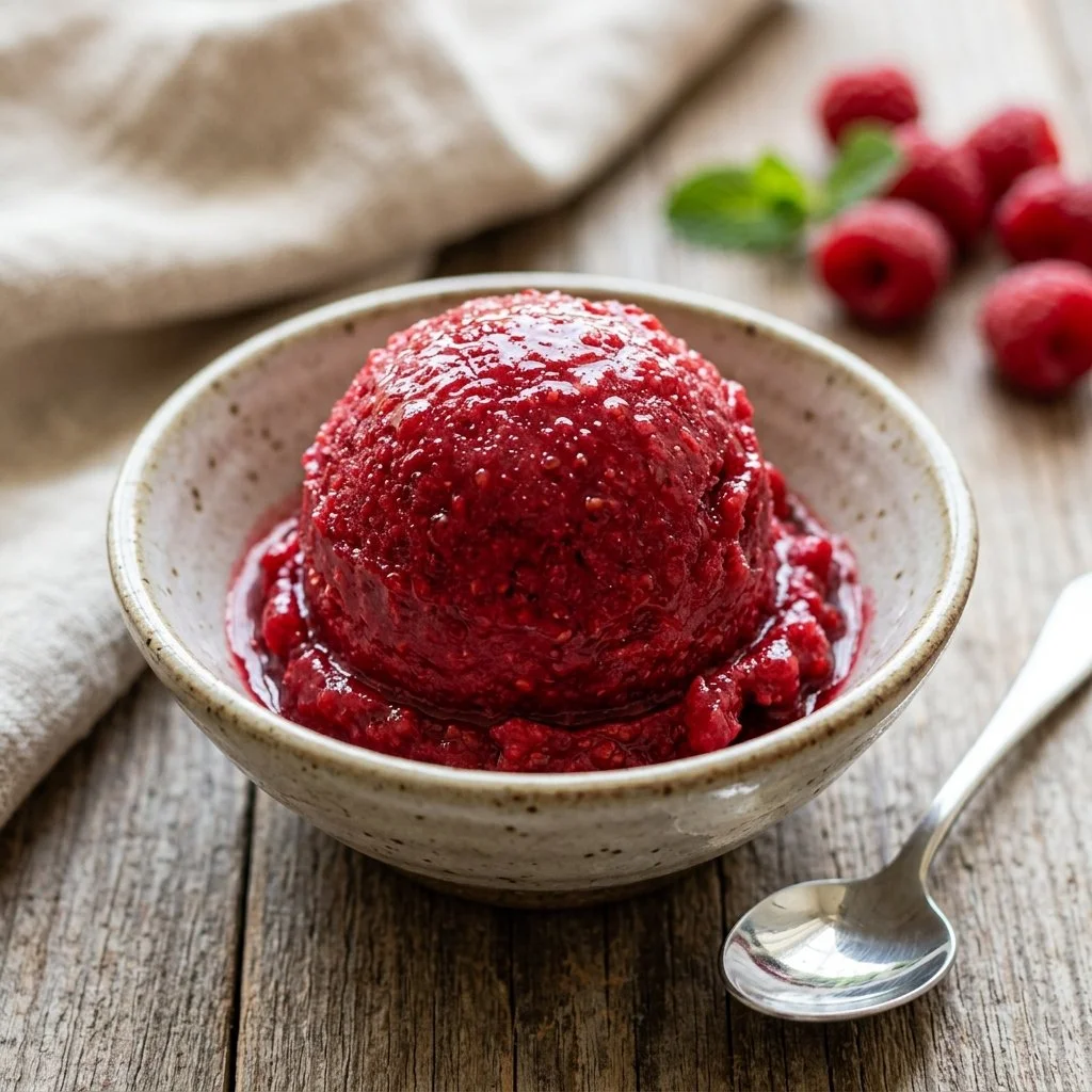 Delicious raspberry sorbet in a bowl, topped with fresh raspberries.