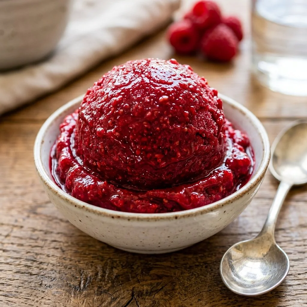 Bowl of vibrant raspberry sorbet garnished with fresh berries and mint leaves