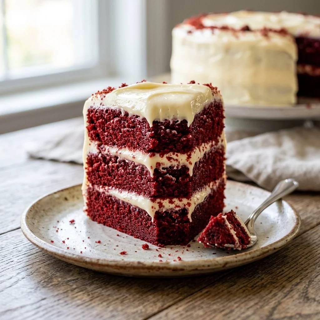 Delicious Red Velvet Cake with creamy frosting and decorative toppings
