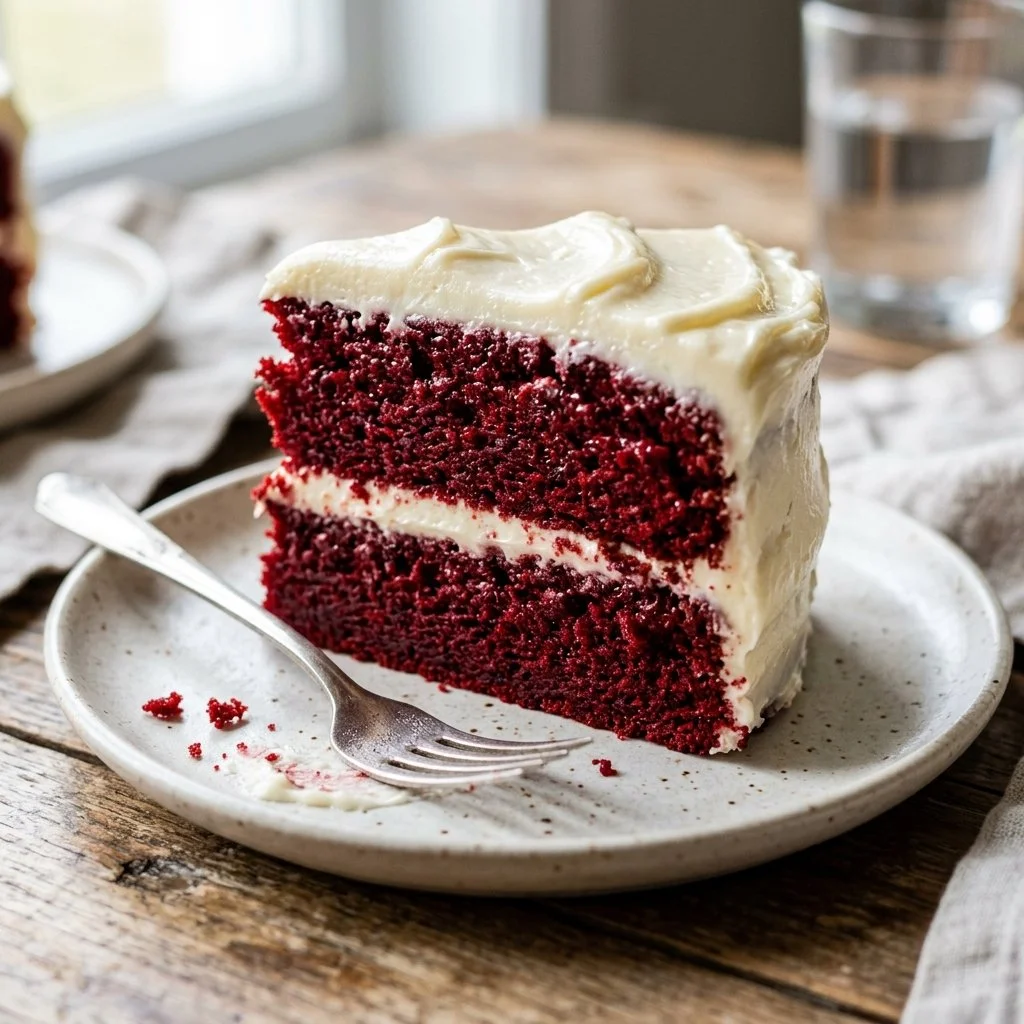 Delicious Red Velvet Cake topped with cream cheese frosting on a white plate