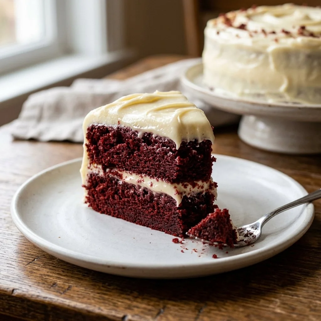 Deliciously sliced Red Velvet Cake with cream cheese frosting on a white plate