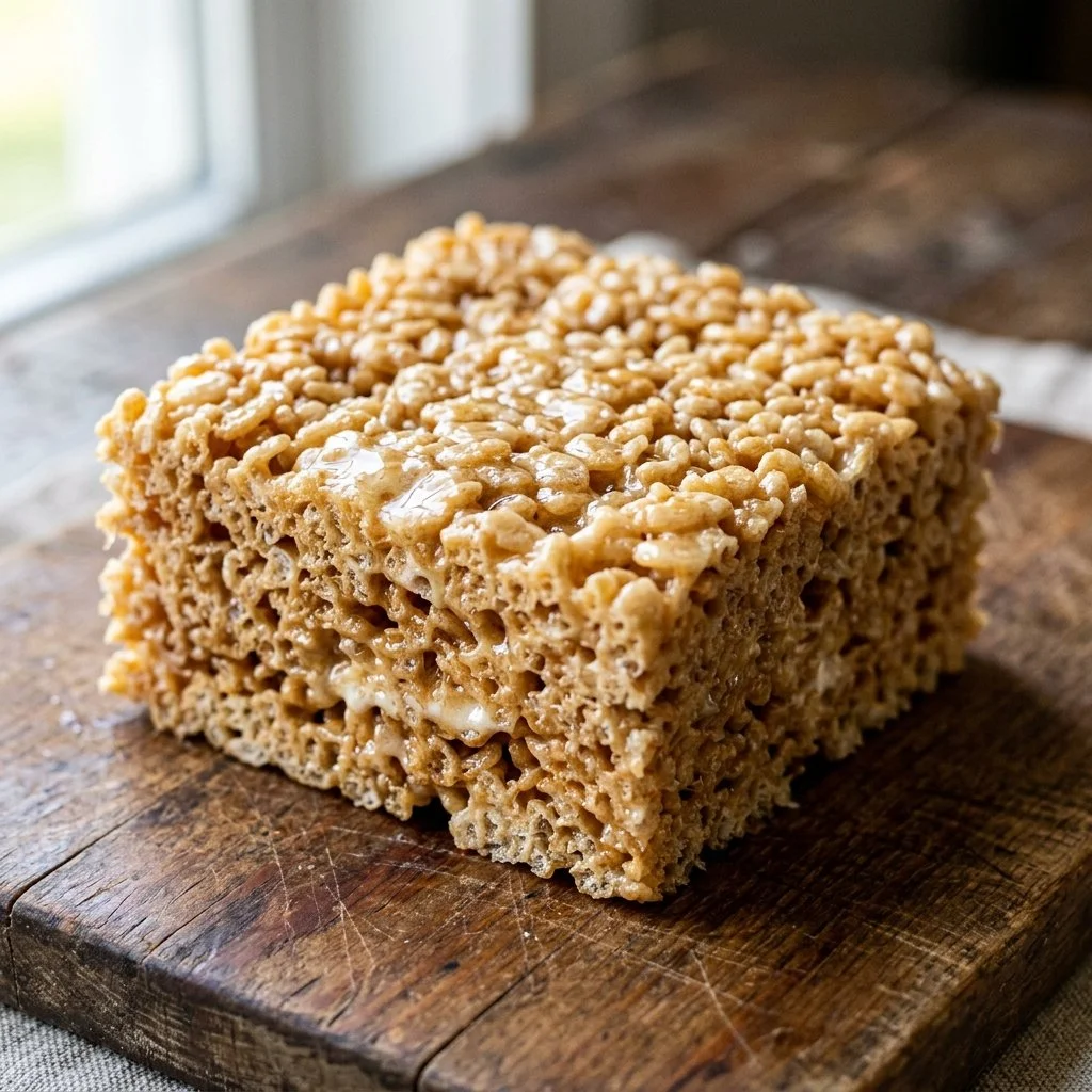 Delicious Rice Krispie Treats stacked on a plate, ready to enjoy.