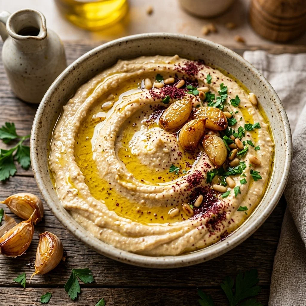 Bowl of creamy roasted garlic hummus with pita and vegetables.