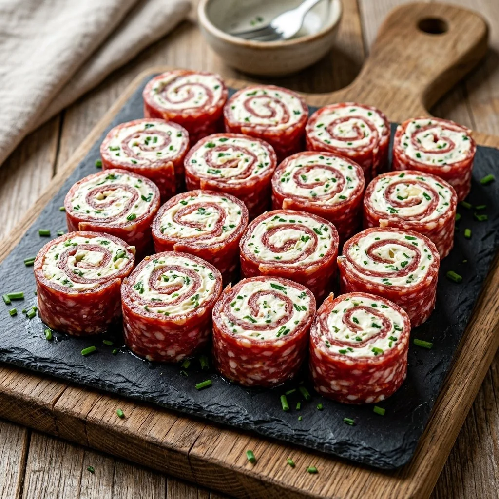 Salami cream cheese roll ups ready to serve as appetizers.