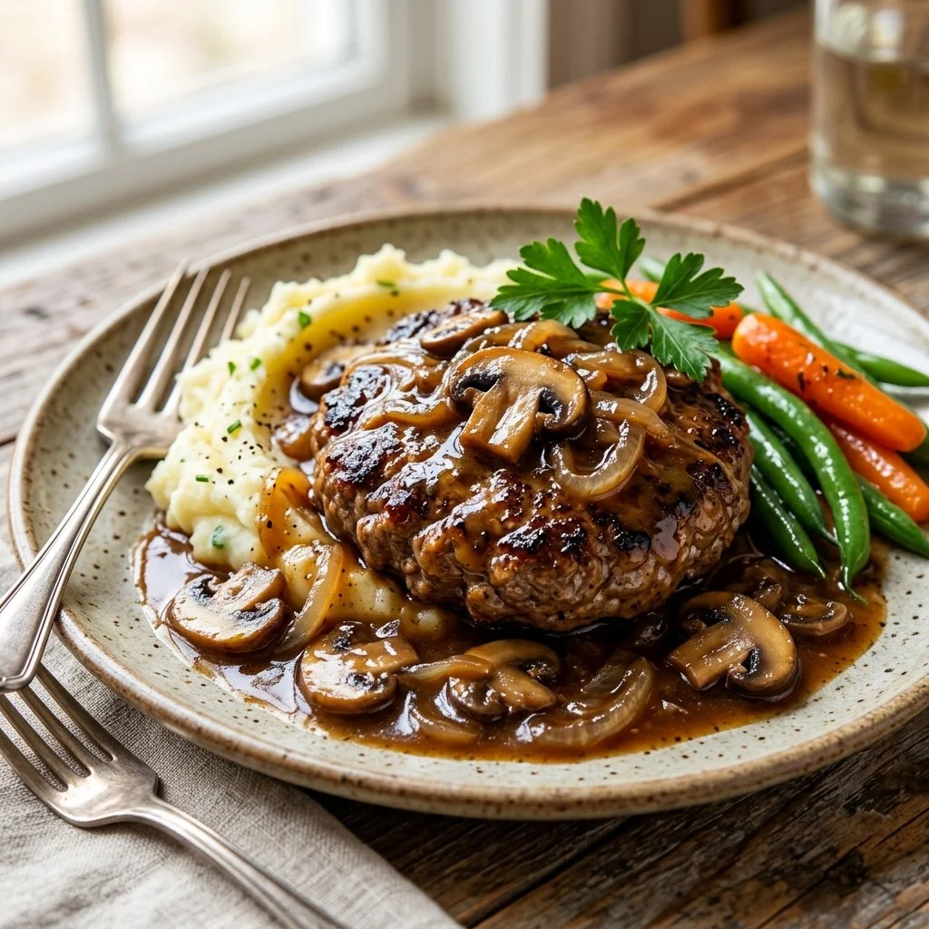 Delicious homemade Salisbury steak served with gravy and vegetables.