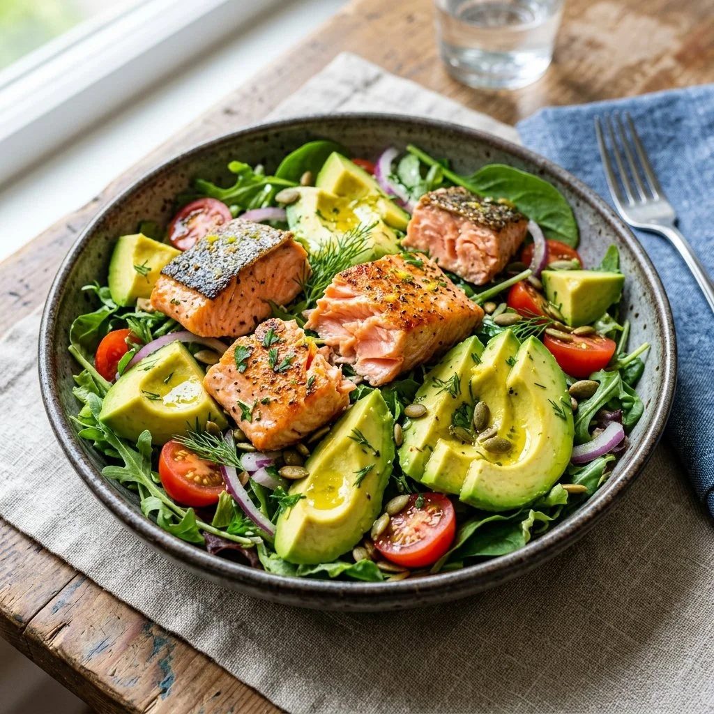 Healthy salmon avocado salad with greens and dressing