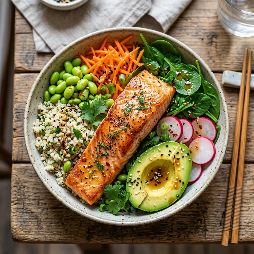 Colorful Salmon Buddha Bowl with fresh vegetables and rice