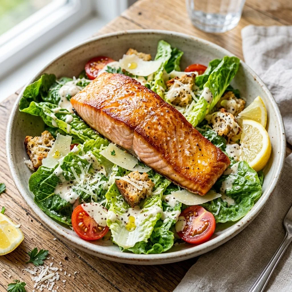 A vibrant Salmon Caesar Salad topped with grilled salmon, croutons, and creamy dressing.