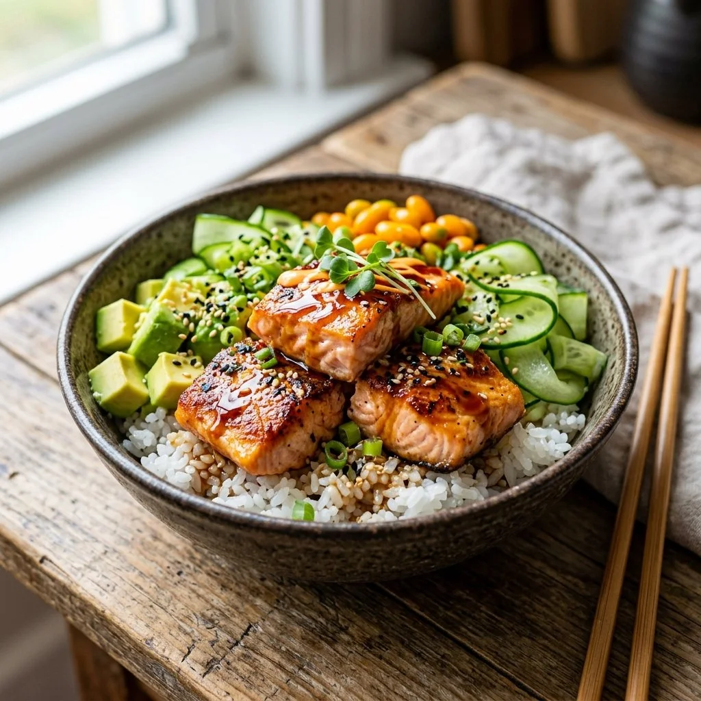 Bowl of salmon rice with vegetables and sauce for a healthy meal option