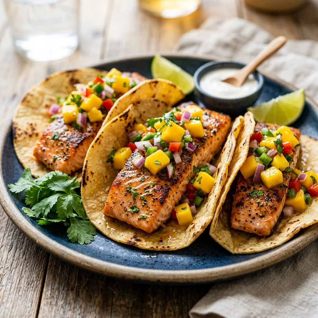Salmon tacos served with fresh mango salsa on a plate