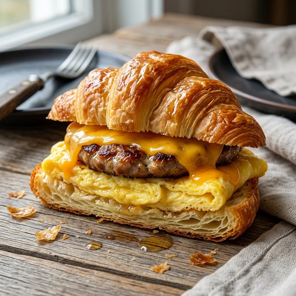 Sausage Egg Cheese Croissant with flaky pastry and creamy filling