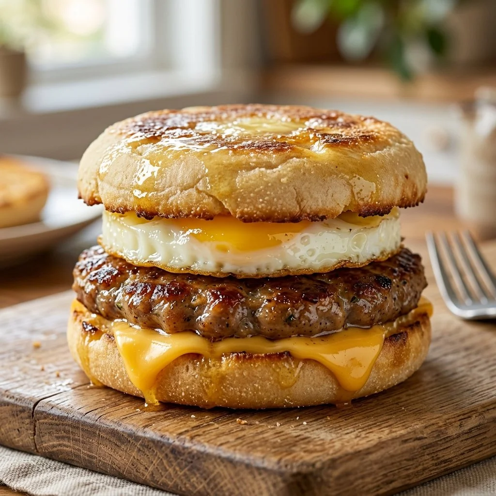 Sausage Egg McMuffins served on a breakfast plate