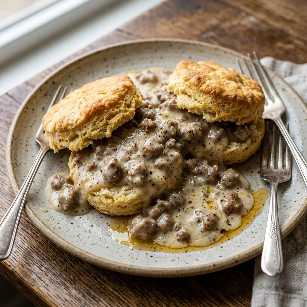 Delicious sausage gravy poured over freshly baked biscuits, a classic comfort dish.