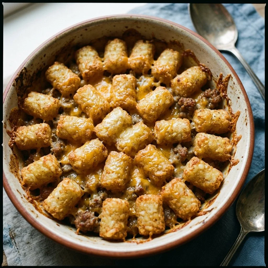 Sausage Tater Tot Casserole topped with crispy tater tots and savory sausage
