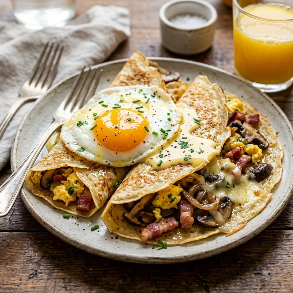 Savory breakfast crepes filled with vegetables and cheese