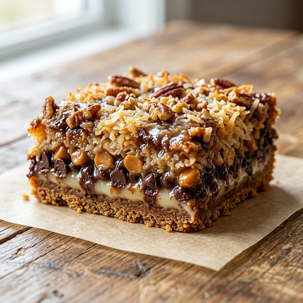 Delicious homemade Seven Layer Bars with chocolate, coconut, and nuts.