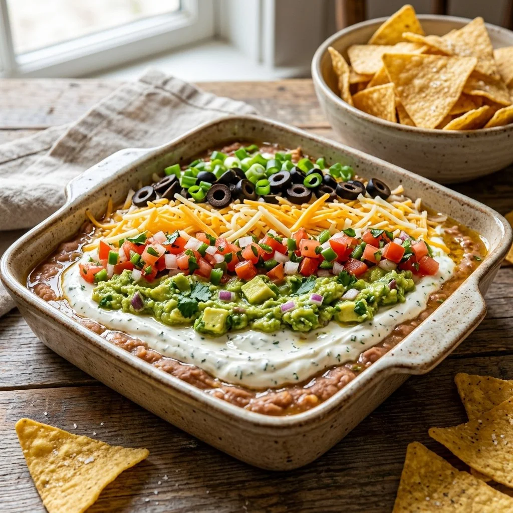 Delicious Seven Layer Dip served in a dish, featuring vibrant layers.