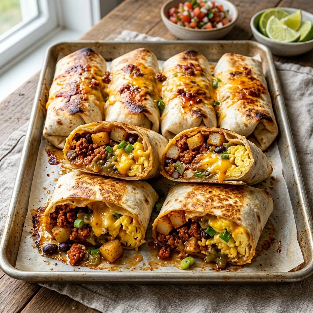 Delicious sheet pan breakfast burritos ready to serve