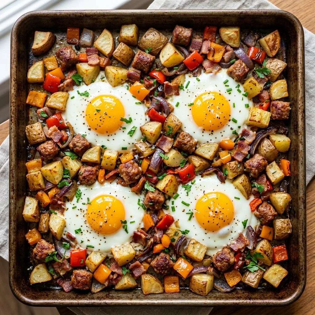 Colorful sheet pan breakfast hash with potatoes, eggs, and vegetables