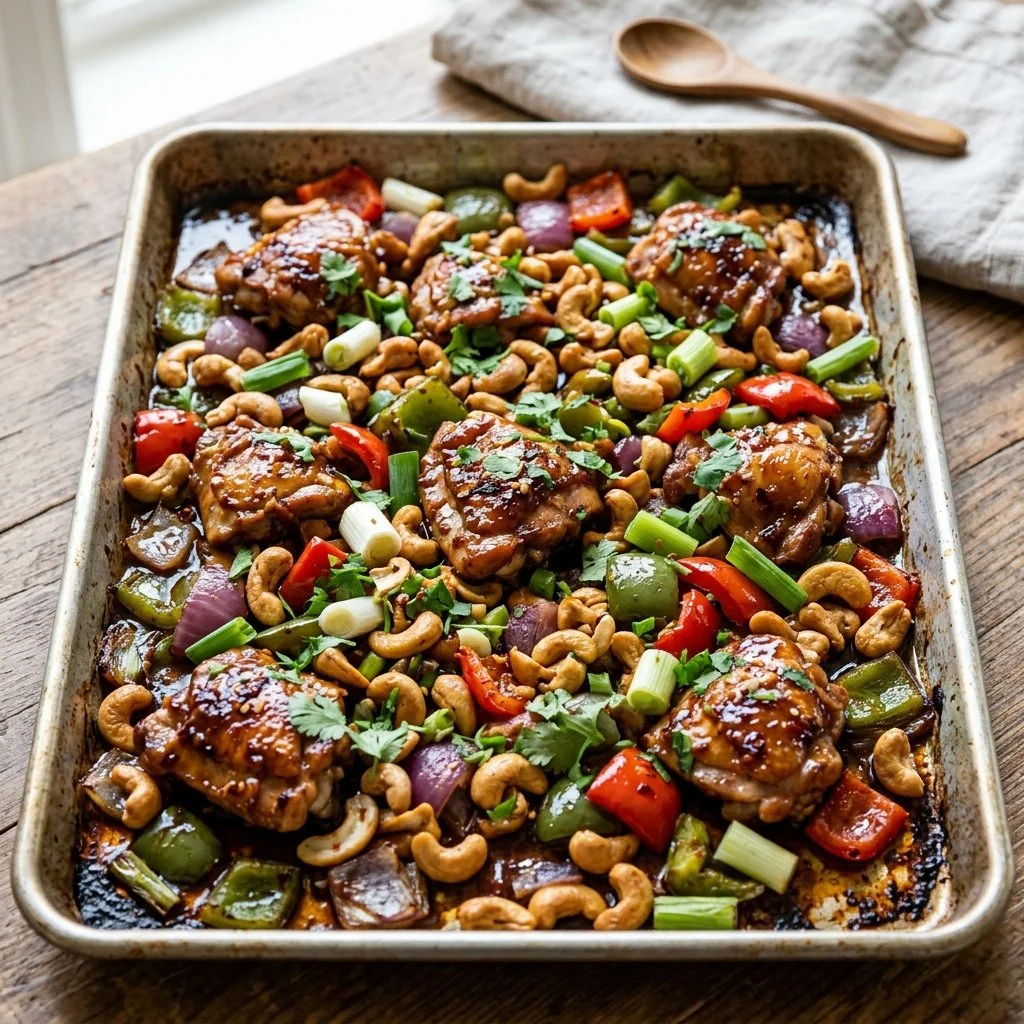 Delicious Sheet Pan Cashew Chicken served with vegetables on a white plate