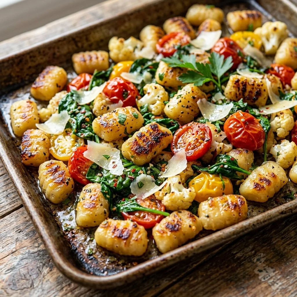 Sheet pan of crispy cauliflower gnocchi with vegetables roasted to perfection.