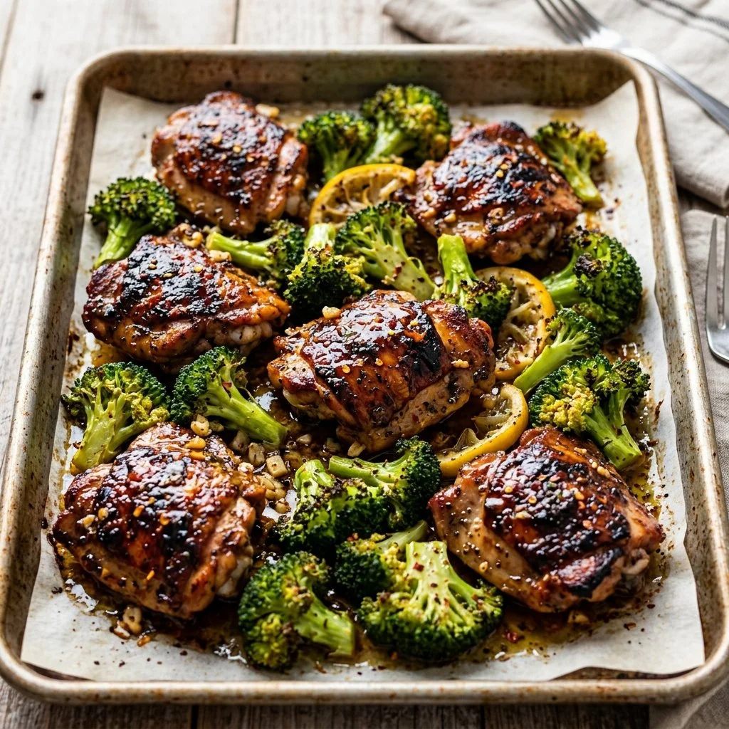 Sheet pan chicken with broccoli dinner ready to serve