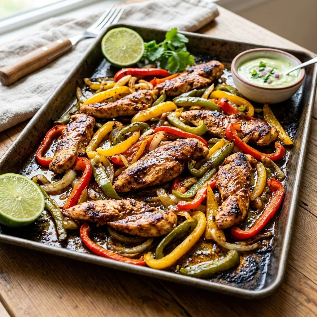 Sheet pan chicken fajitas with colorful peppers and onions