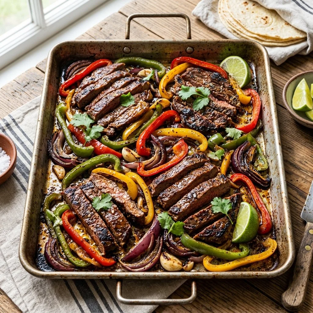 Delicious sheet pan fajitas with chicken and colorful peppers