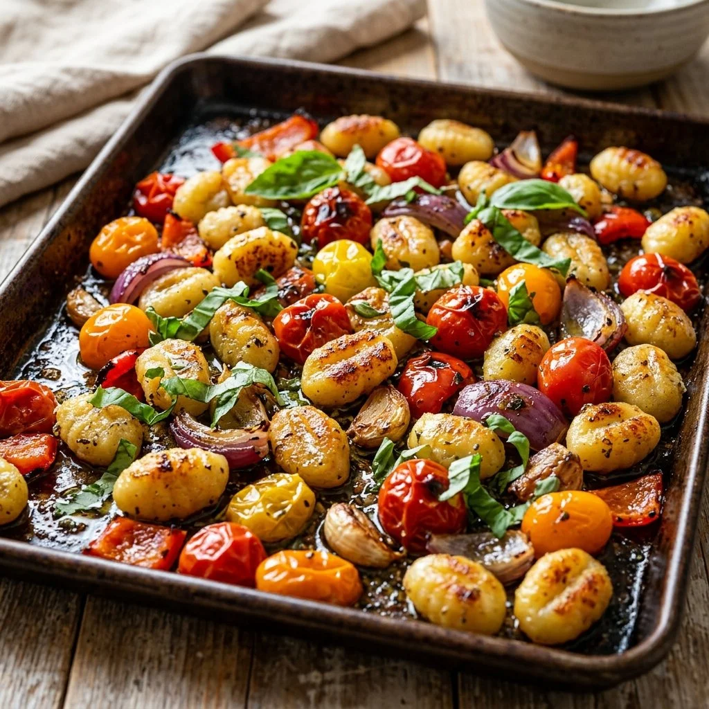 Deliciously roasted sheet pan gnocchi with vegetables and herbs.
