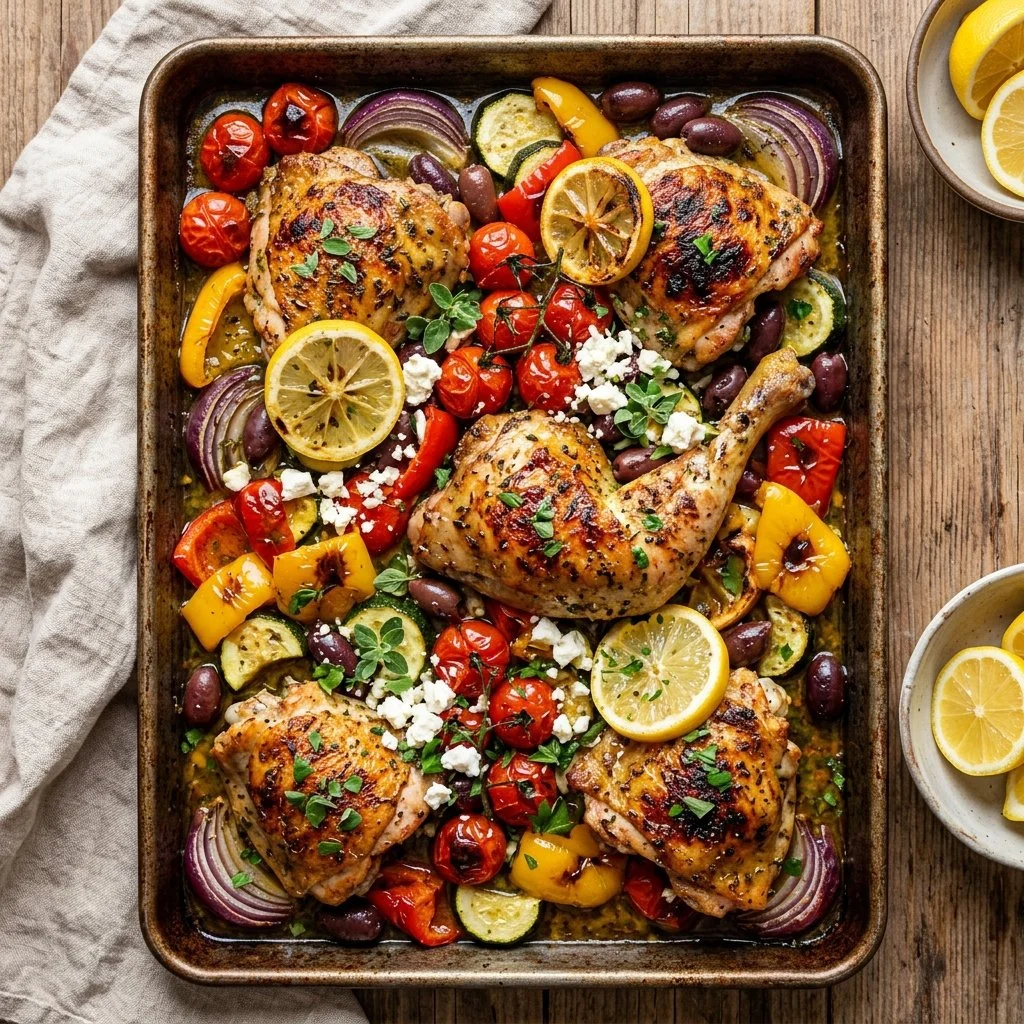 Delicious Sheet Pan Greek Chicken with vibrant spices and vegetables.