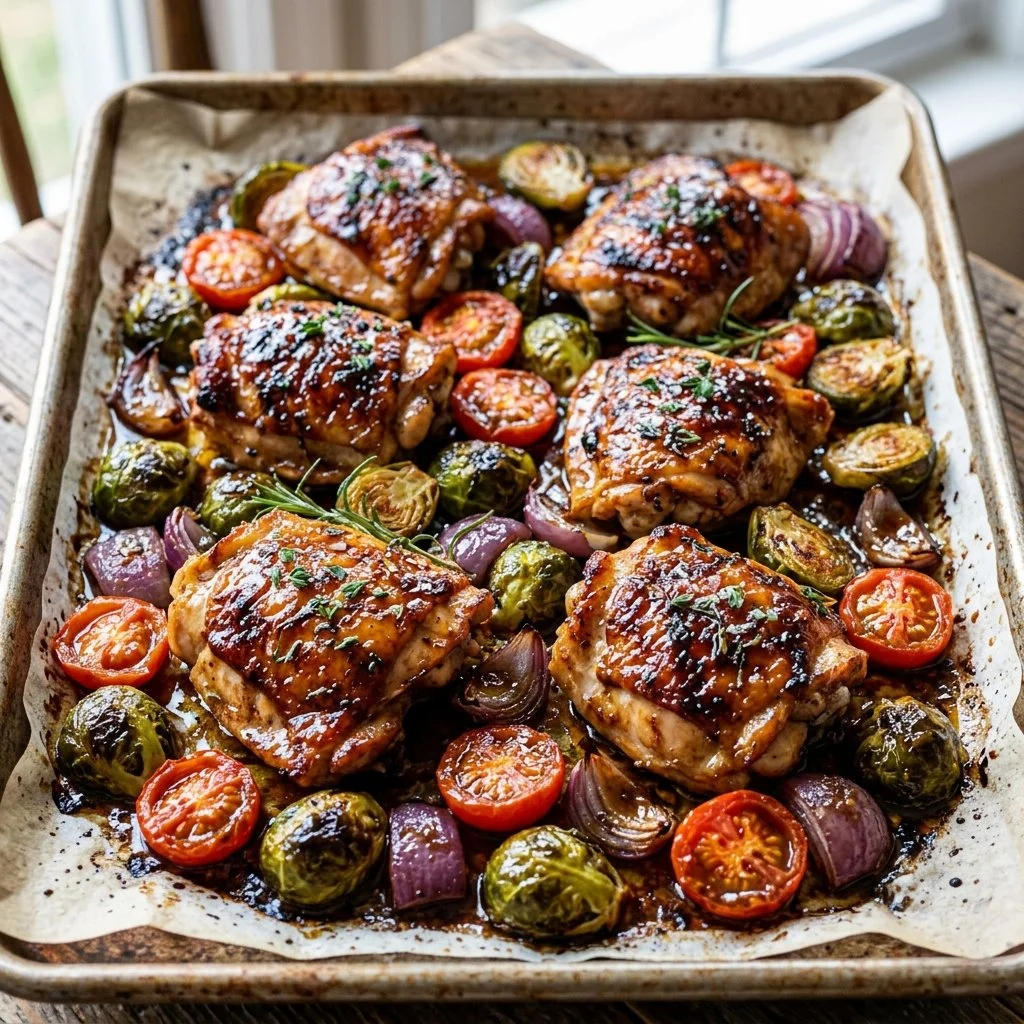 Delicious Sheet Pan Honey Balsamic Chicken with vegetables and herbs