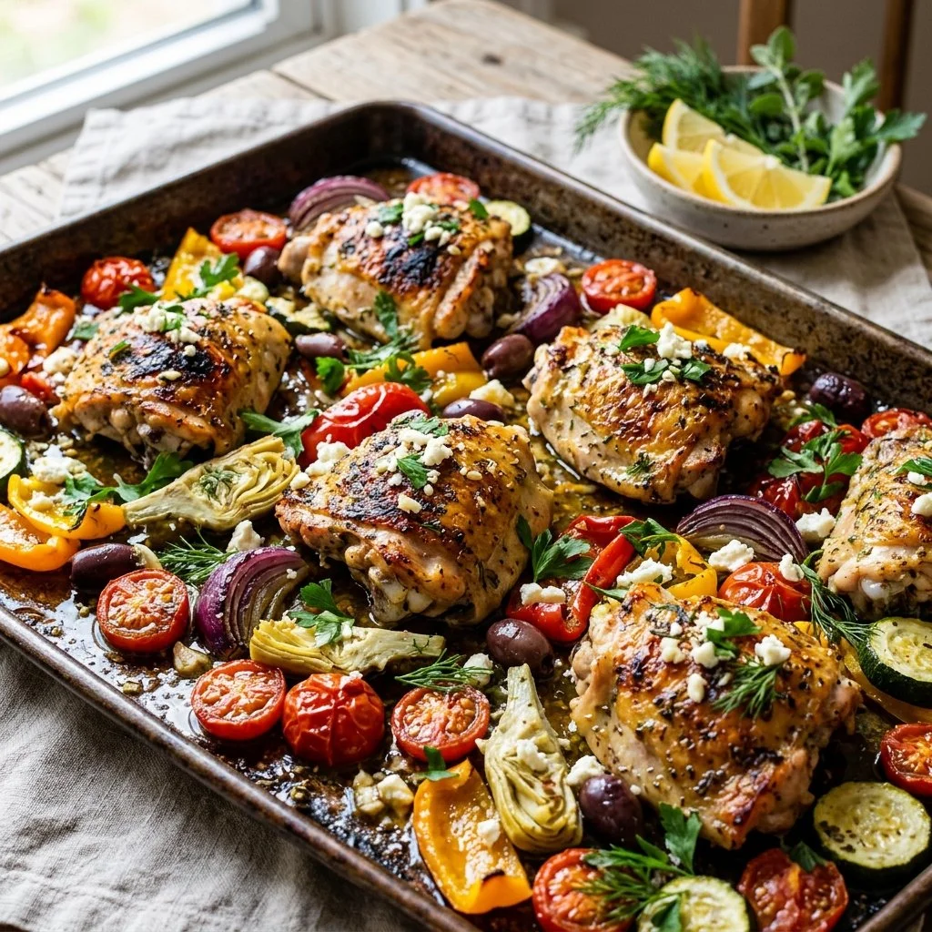 Delicious Sheet Pan Mediterranean Chicken with vegetables and herbs