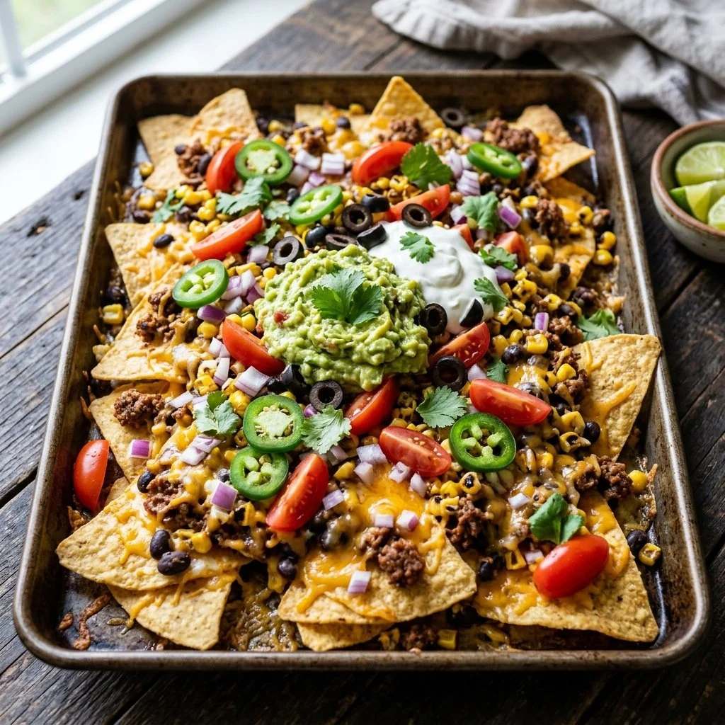 Delicious sheet pan nachos topped with cheese, jalapeños, and fresh ingredients