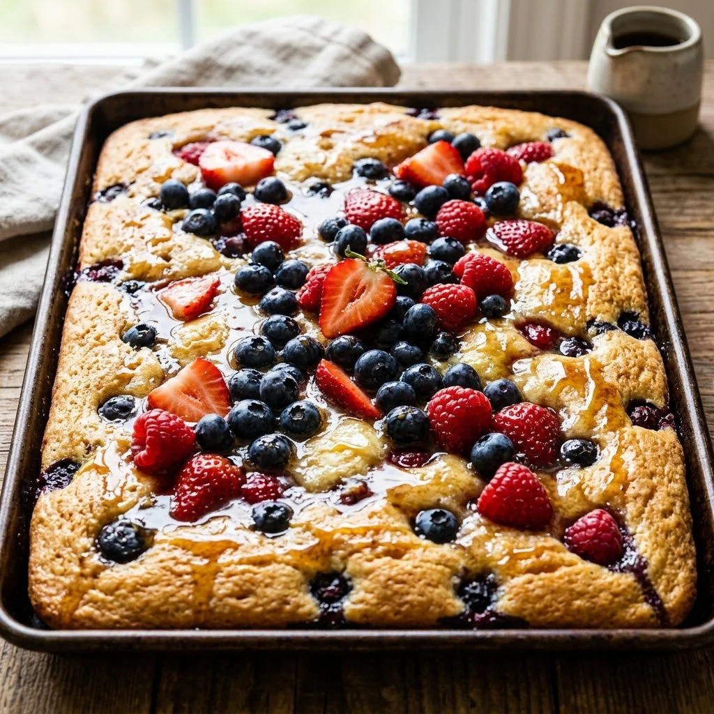 Delicious sheet pan pancakes served in a colorful breakfast spread