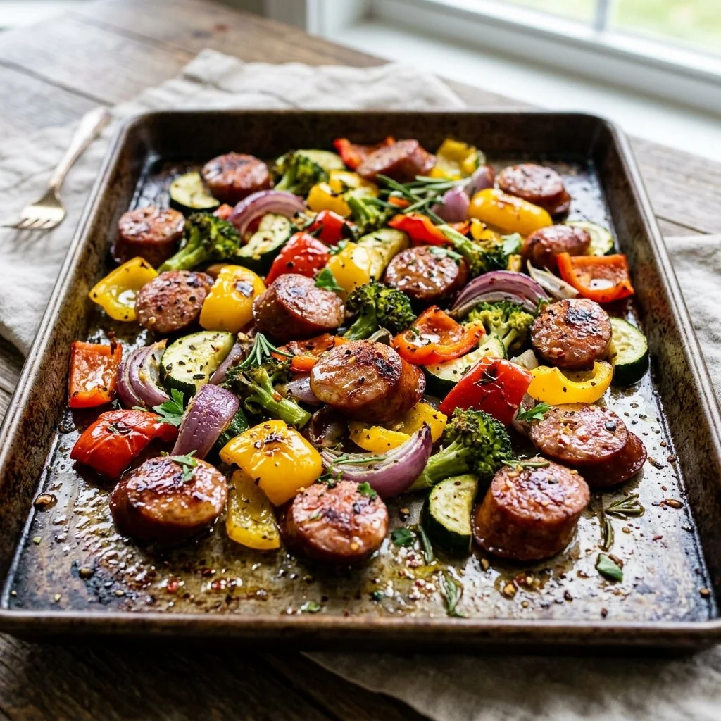 Delicious sheet pan sausage and veggies ready to serve for dinner