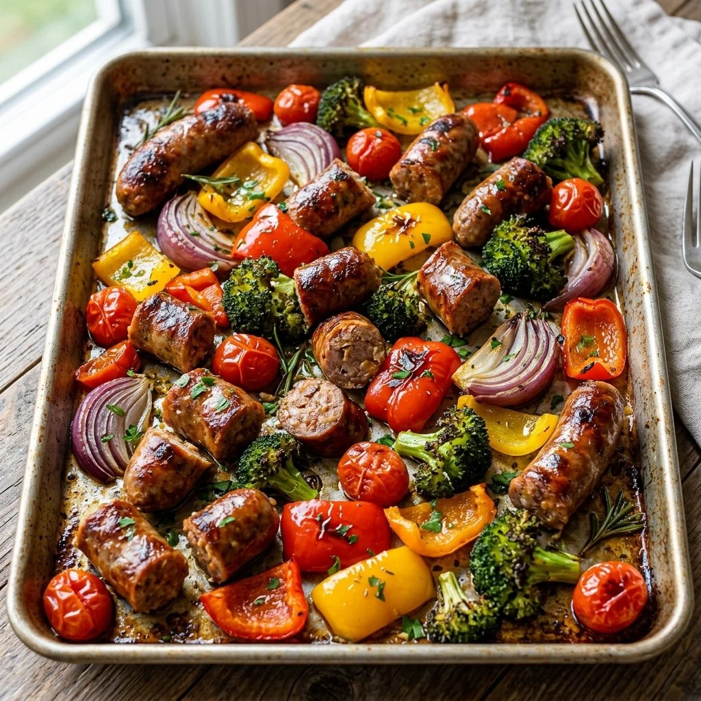 Sheet pan sausage and veggies ready to serve in a vibrant dish.