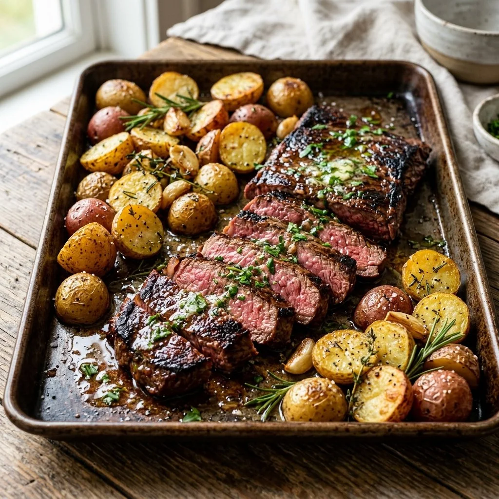 Sheet pan steak and potatoes dish, perfectly seasoned and cooked together.