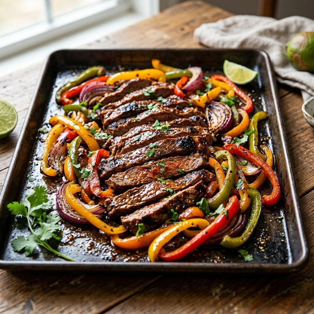 Delicious sheet pan steak fajitas with colorful peppers and onions.