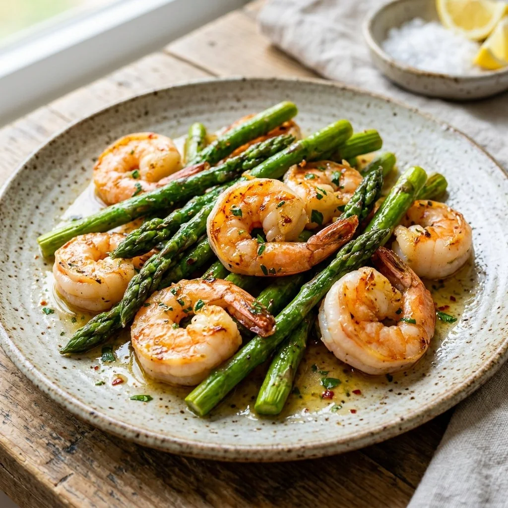 Plate of shrimp and asparagus stir fry with garlic and lemon