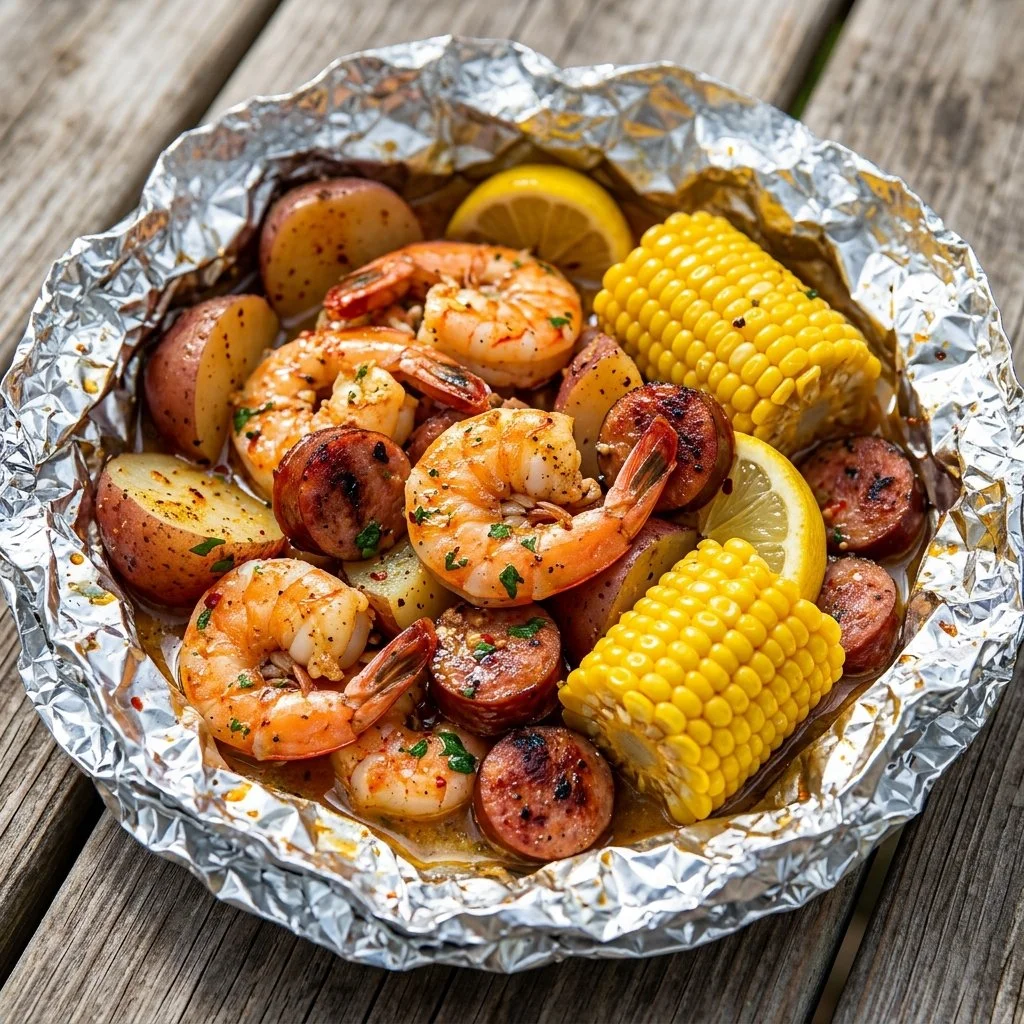 Shrimp boil foil packets ready to be cooked, filled with shrimp and vegetables.