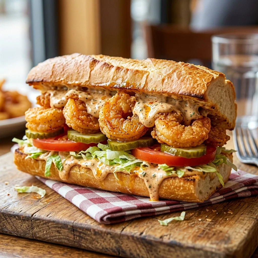 Delicious shrimp po boy sandwich with crispy shrimp and fresh ingredients