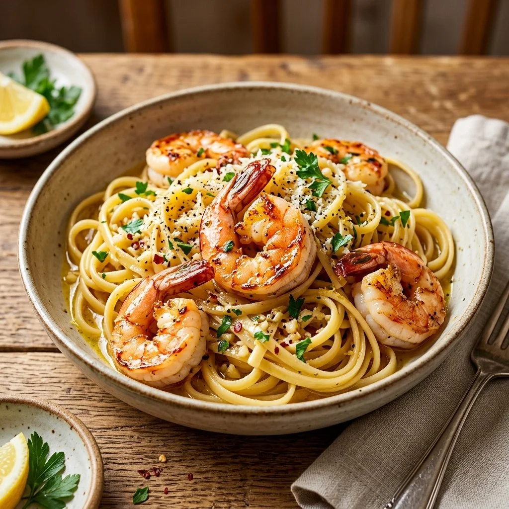 Delicious shrimp scampi pasta served with garlic and herbs in a vibrant dish