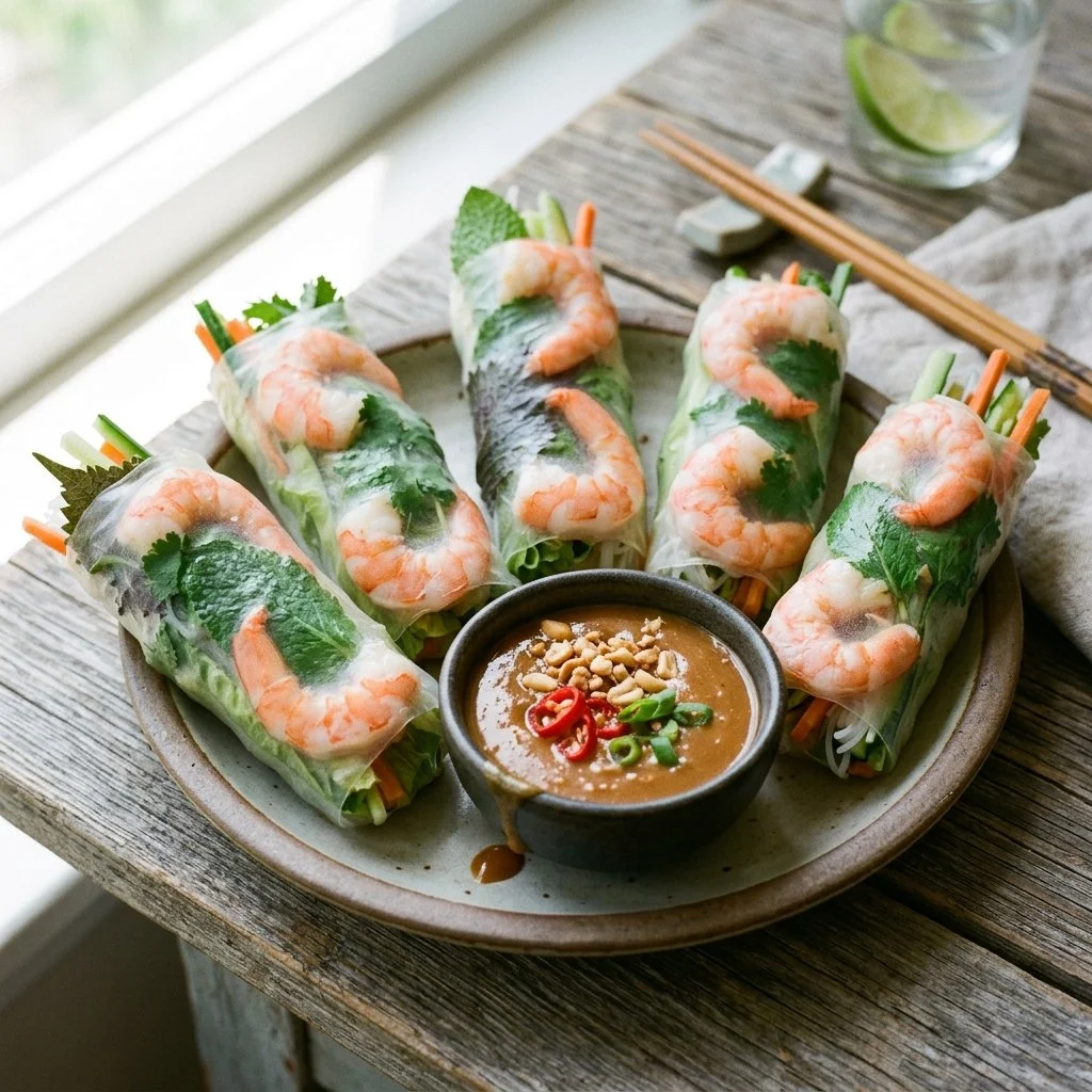 Delicious shrimp summer rolls with fresh vegetables and herbs