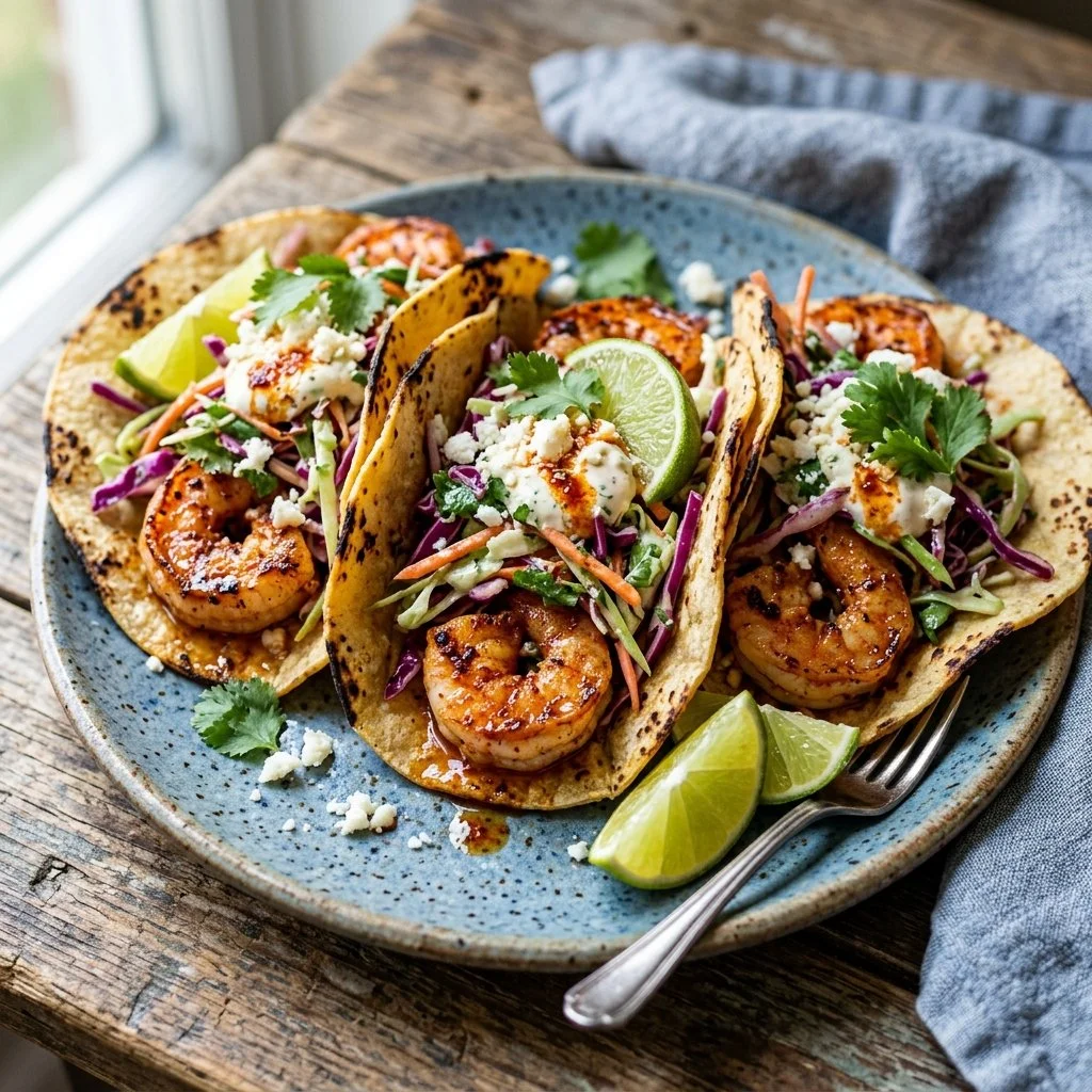 Delicious shrimp tacos topped with fresh slaw on a serving plate