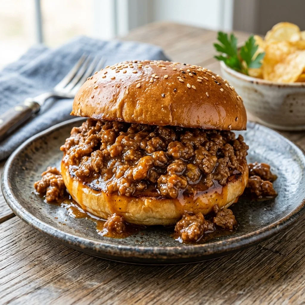 Delicious homemade Sloppy Joes served on a plate with garnishes