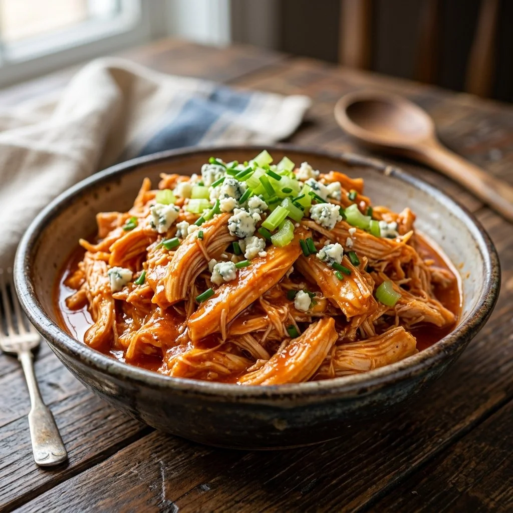 Delicious slow cooker buffalo chicken dish served with celery and blue cheese