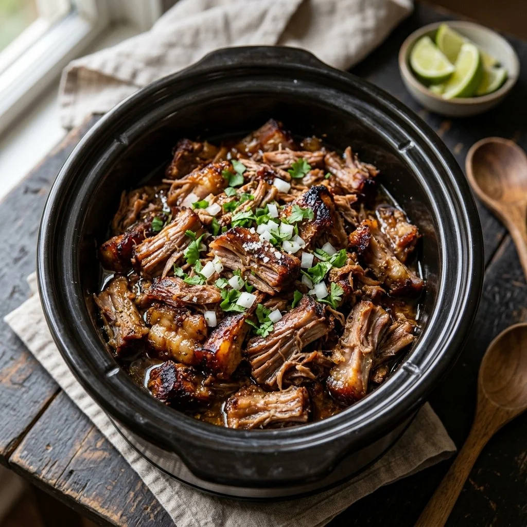 Slow cooker carnitas served with fresh toppings and tortillas