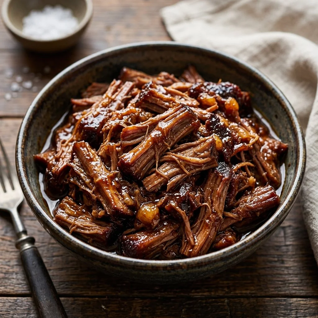 Slow cooker pulled pork served in a bowl with barbecue sauce and coleslaw