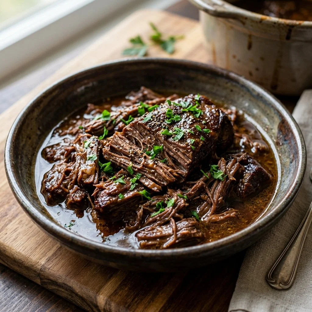 Delicious slow cooked shredded beef ready to serve in tacos or sandwiches