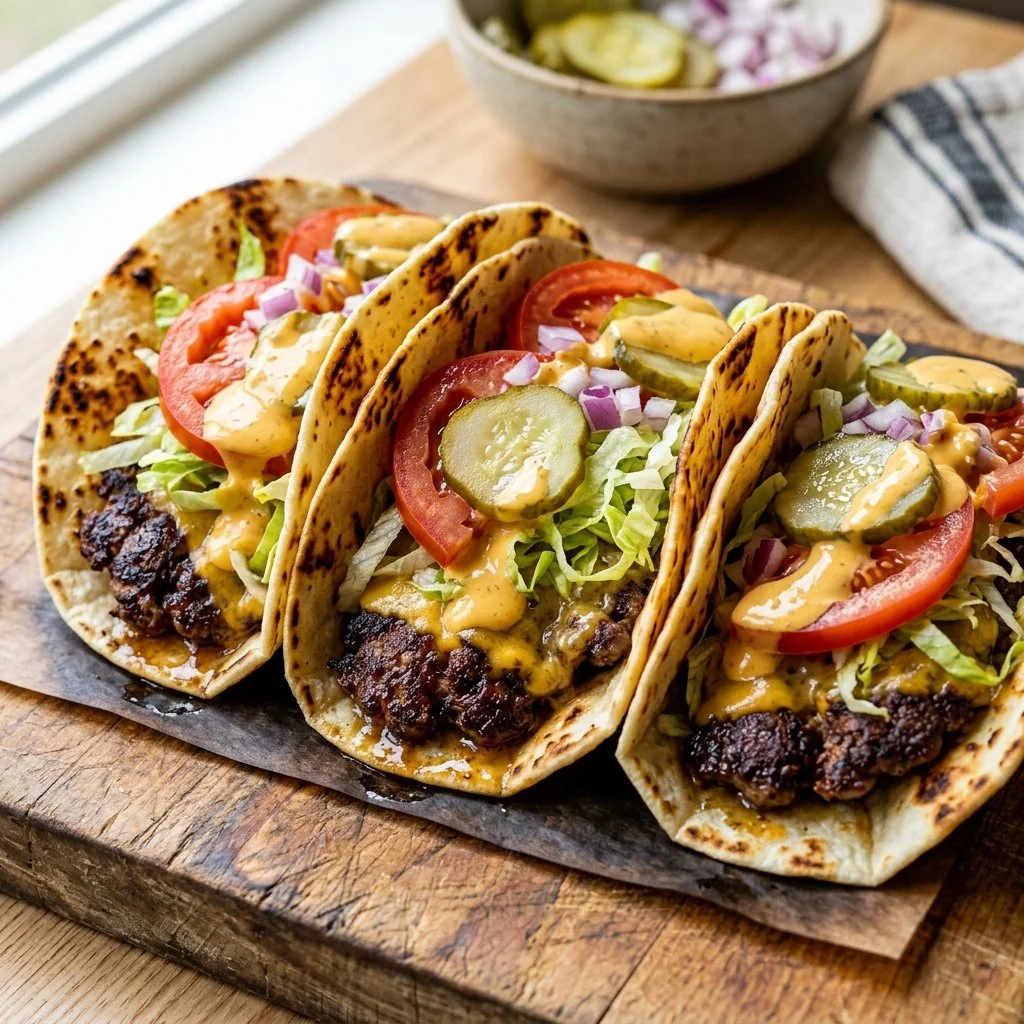 Delicious smash burger tacos with juicy beef and fresh toppings.
